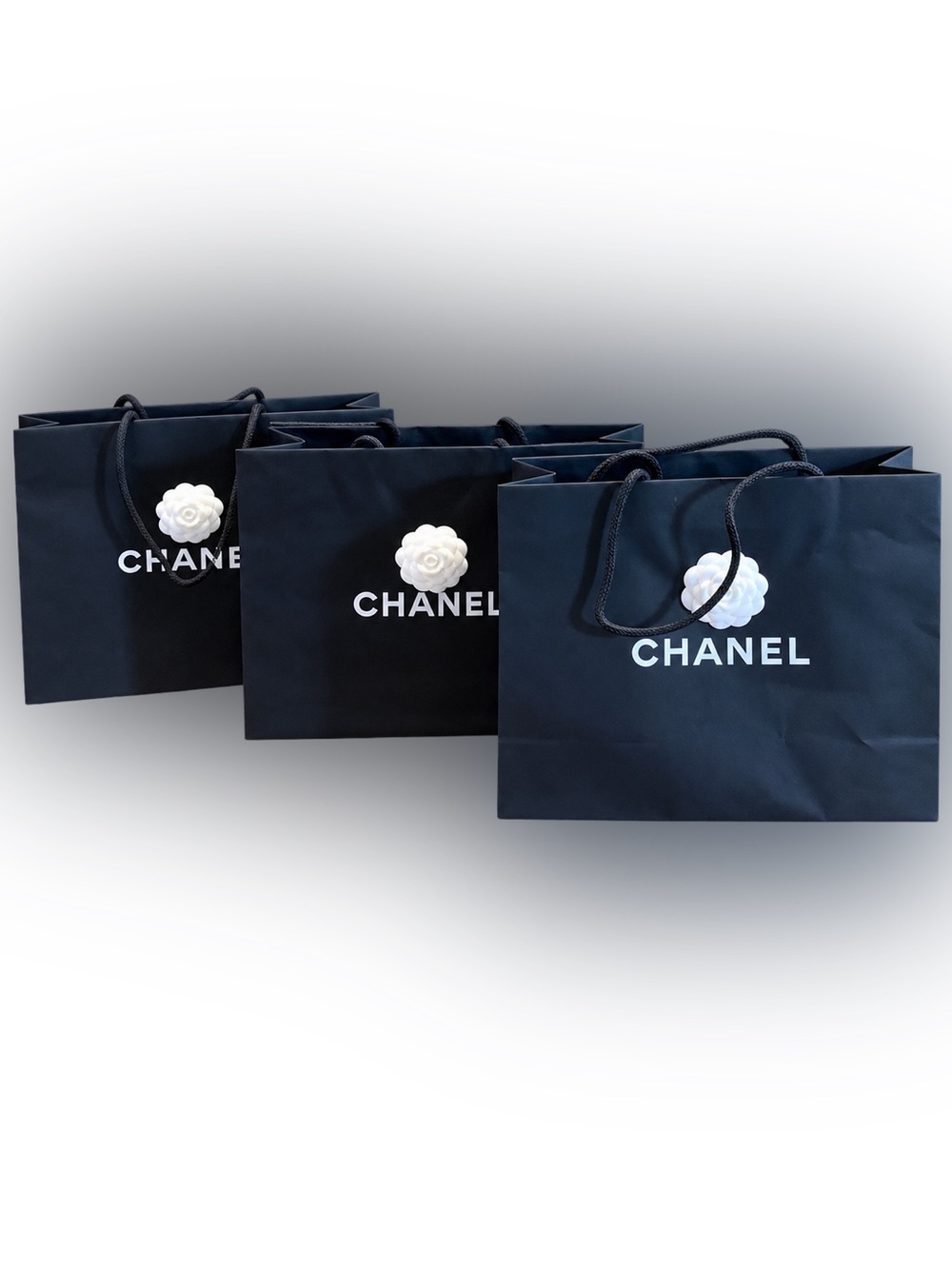 CHANEL Set of 3 Boutique Shopping Gift Bags Black Camellia Flowers